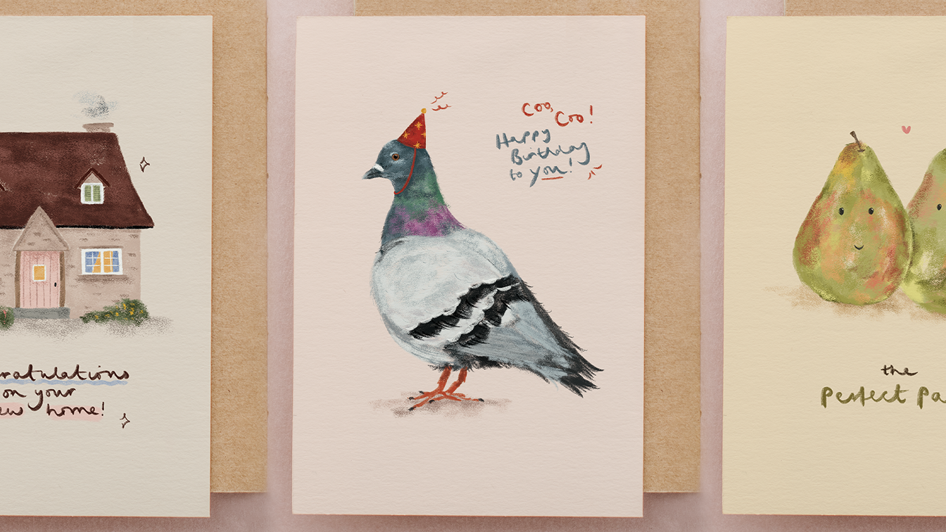 Set of illustrated greeting cards featuring various animals and objects.